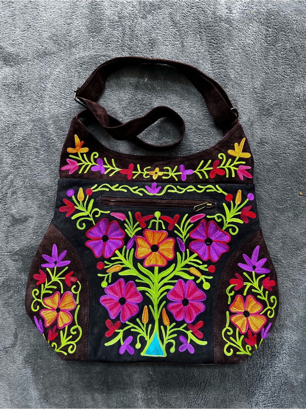 Embroidered Floral Hobo Bag - Brown with Multicolor Floral Embroidery